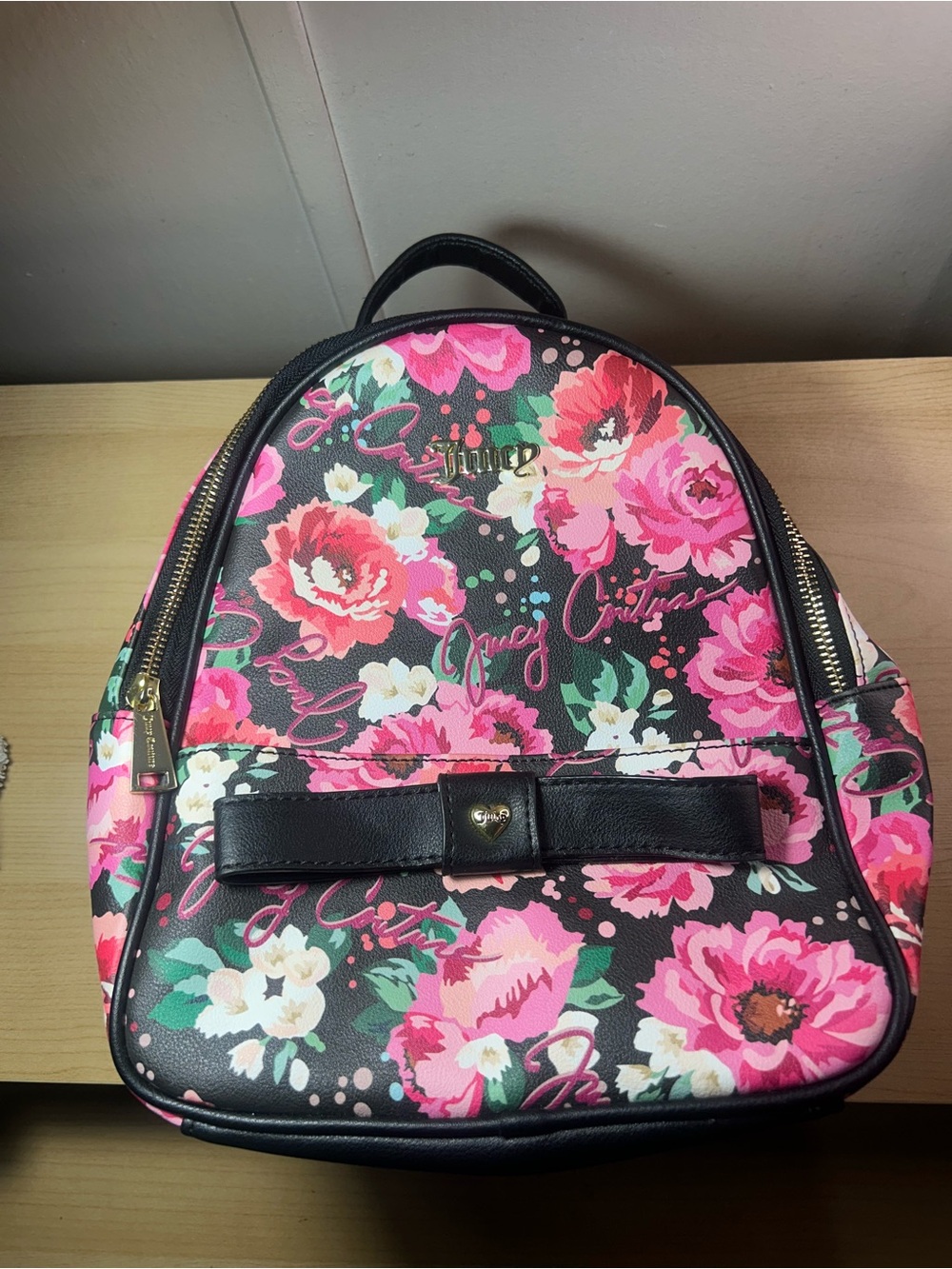 Juicy Couture Black Floral Mini Backpack with Pink Roses
